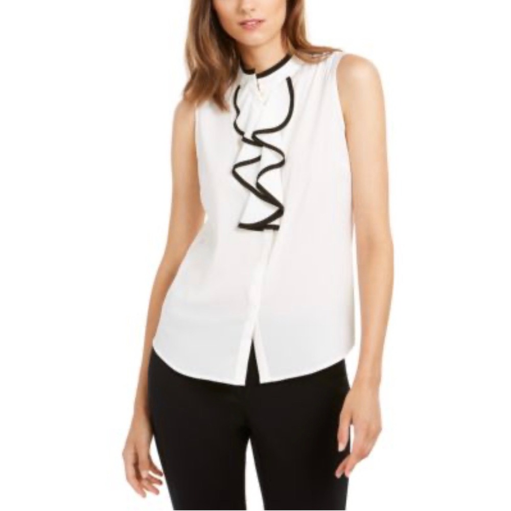 Calvin Klein Sleeveless Ruffle‎ Front Button Blouse